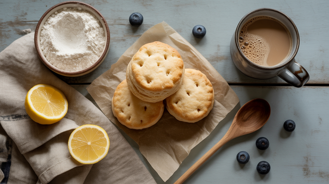alt_text: A modern kitchen scene featuring an air fryer and golden-brown frozen biscuits for a cooking guide.